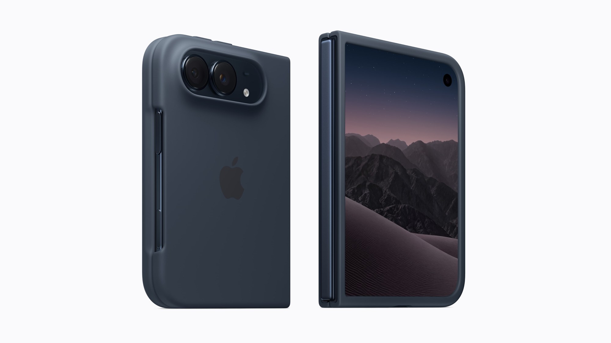 ネイビーブルーのiPhone Duoケースを付けたiPhone Duo。2つのパーツで本体の両側を包んでいる