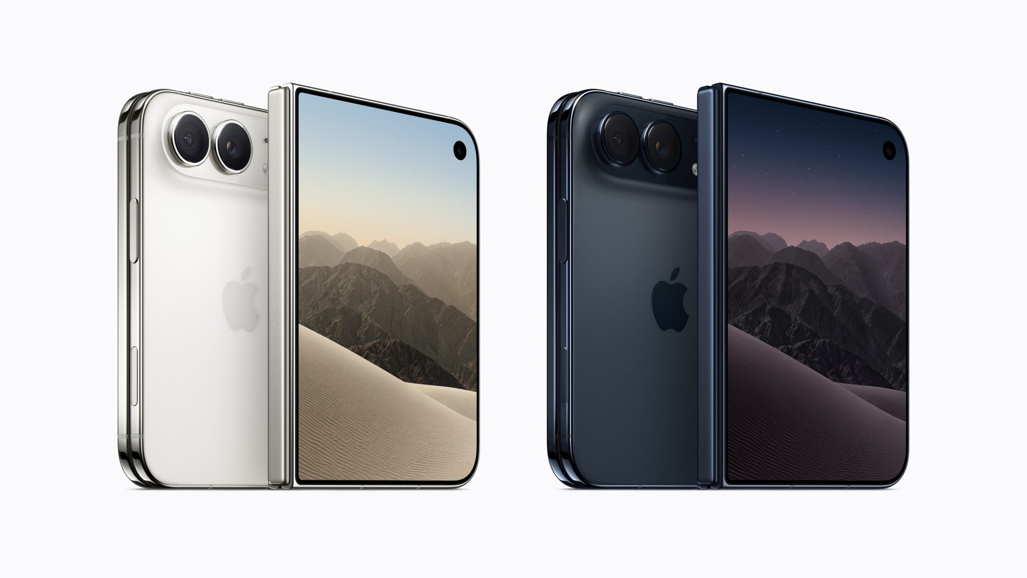 iPhone Duoの2色。左がスターホワイト、右がナイトスカイで、どちらも背面のカメラと閉じた状態のアウターディスプレイが見える