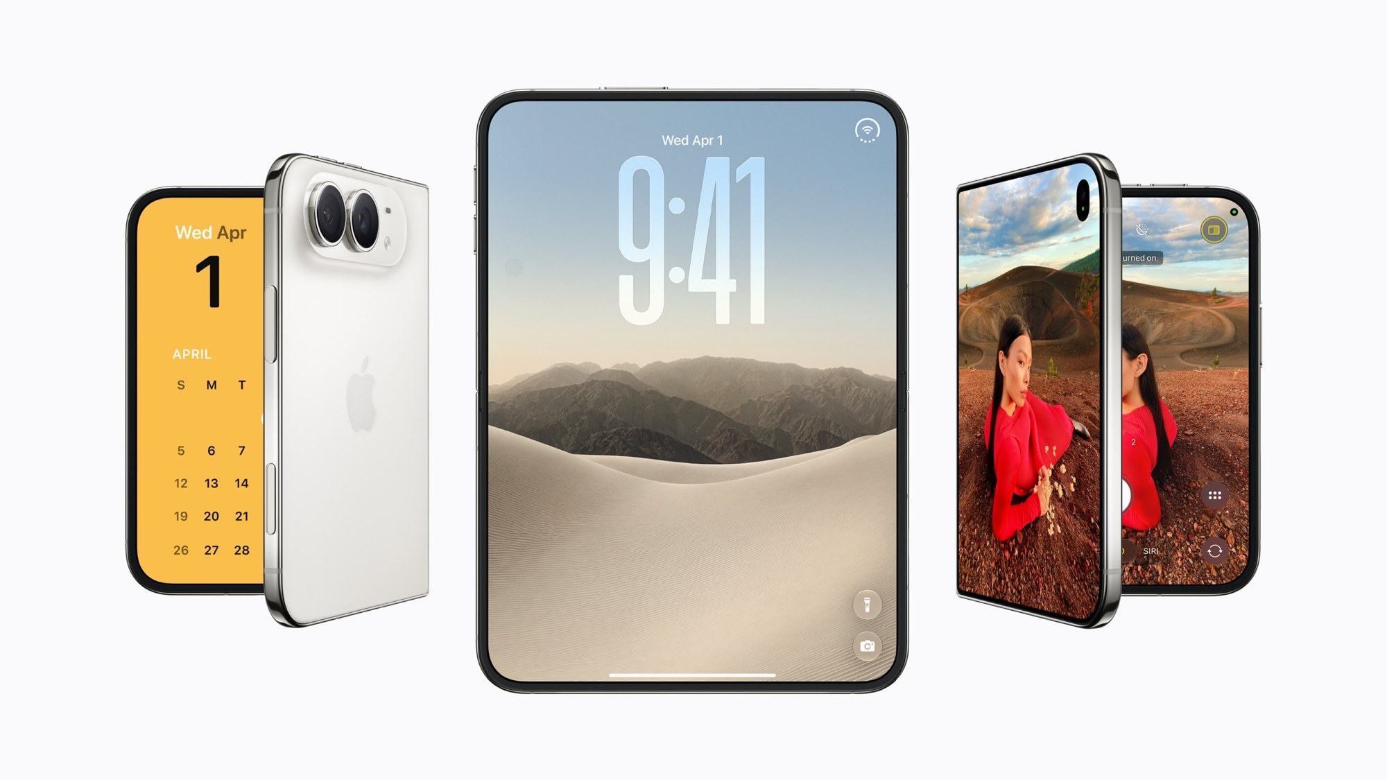 iPhone Duoを開いた状態と閉じた状態で並べたところ。中央は開いたインナーディスプレイにロック画面の9:41、左は閉じたスターホワイトの背面、右は閉じたアウターディスプレイ