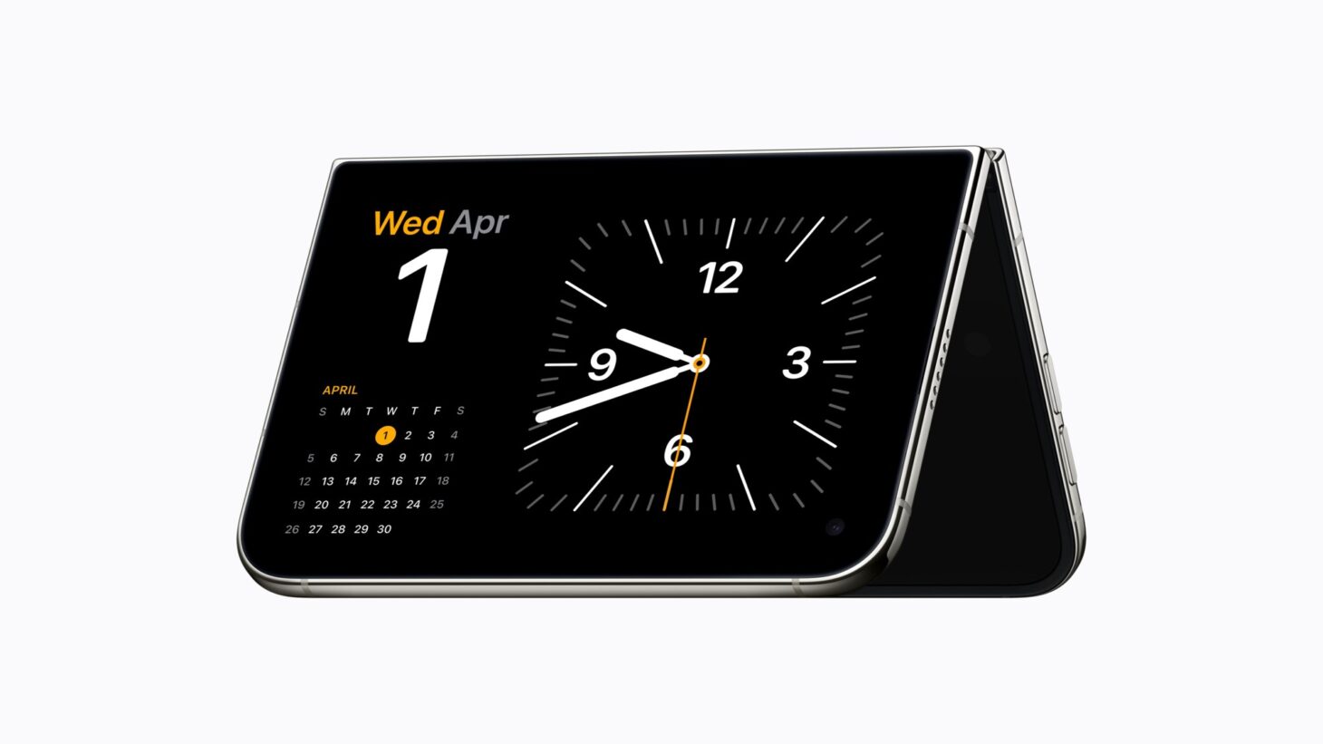 折りたたんで横向きに立てたiPhone Duoがスタンバイになり、カレンダーとアナログ時計を表示しているところ