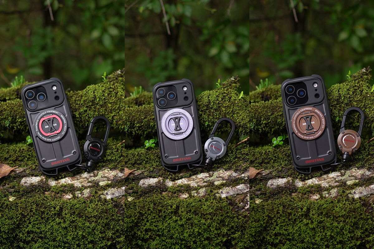 BR×ROOT CO.のiPhoneケースにMAGNETRINGのブラック×レッド・グレー・ブラウンと、同じ色のMAG REEL 360を組み合わせて3つ並べた画像