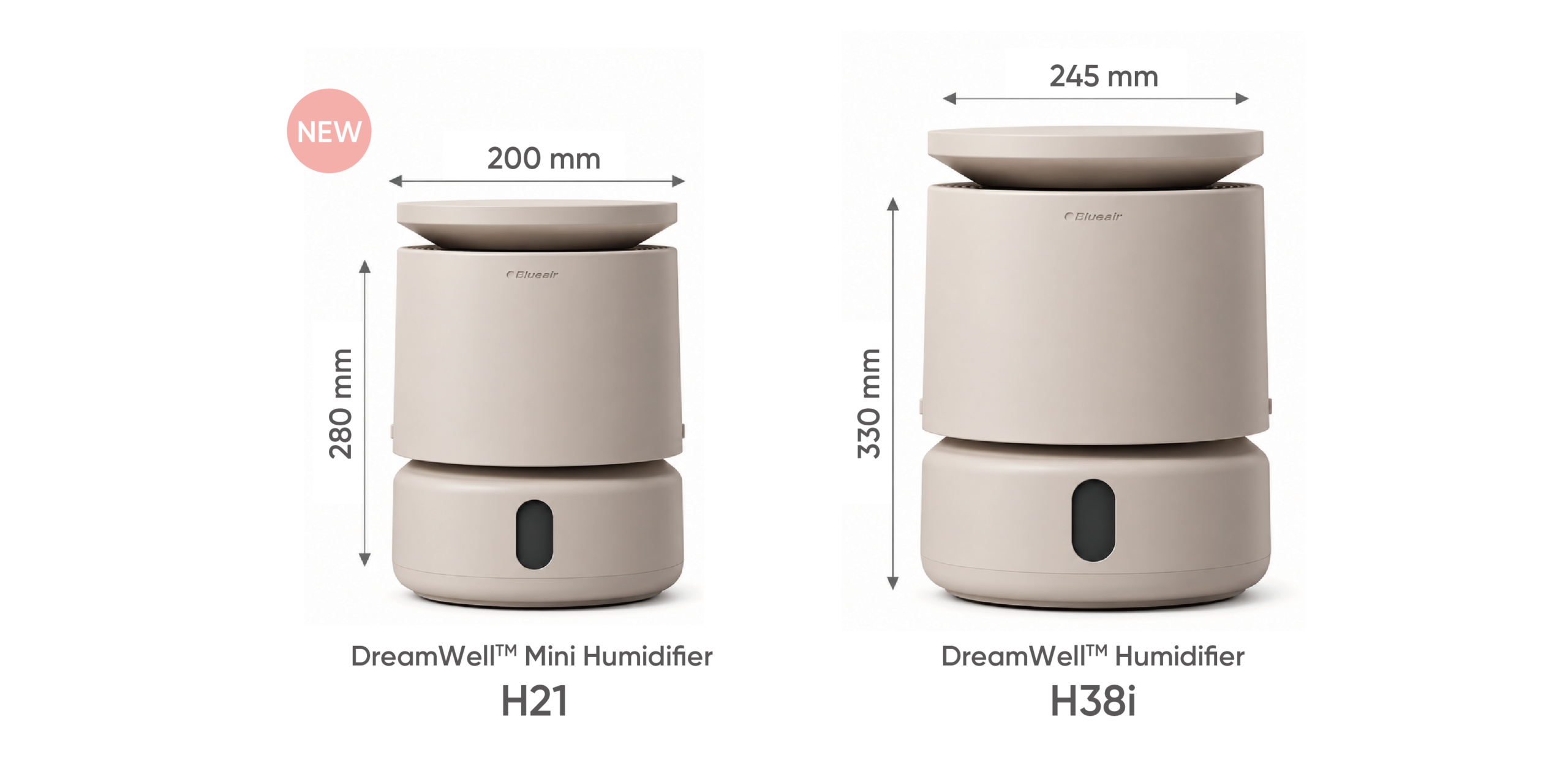 加湿器DreamWell Mini Humidifier H21(直径200mm・高さ280mm)とDreamWell Humidifier H38i(直径245mm・高さ330mm)のサイズ比較