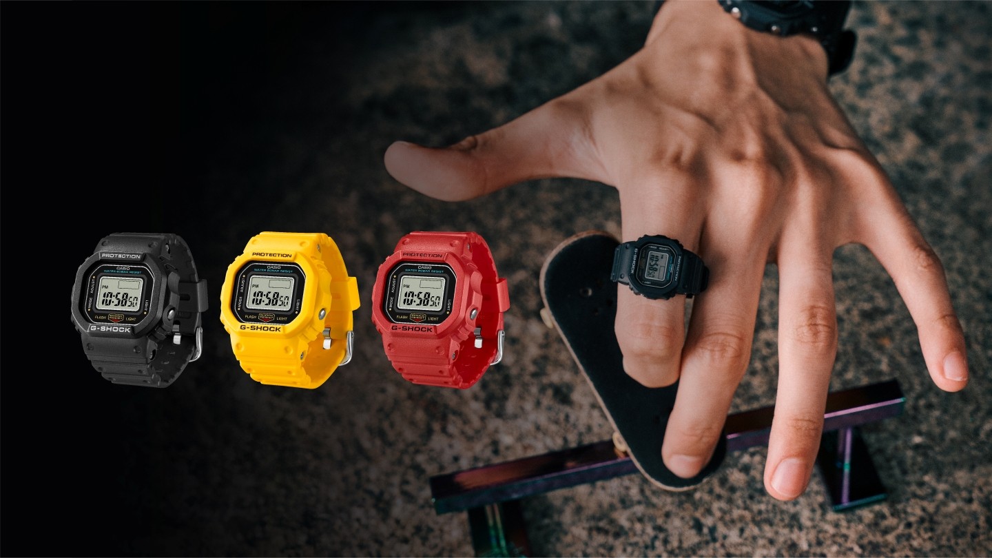 指輪サイズのG-SHOCK nano DWN-5600のブラック・イエロー・レッドと指に着けた様子