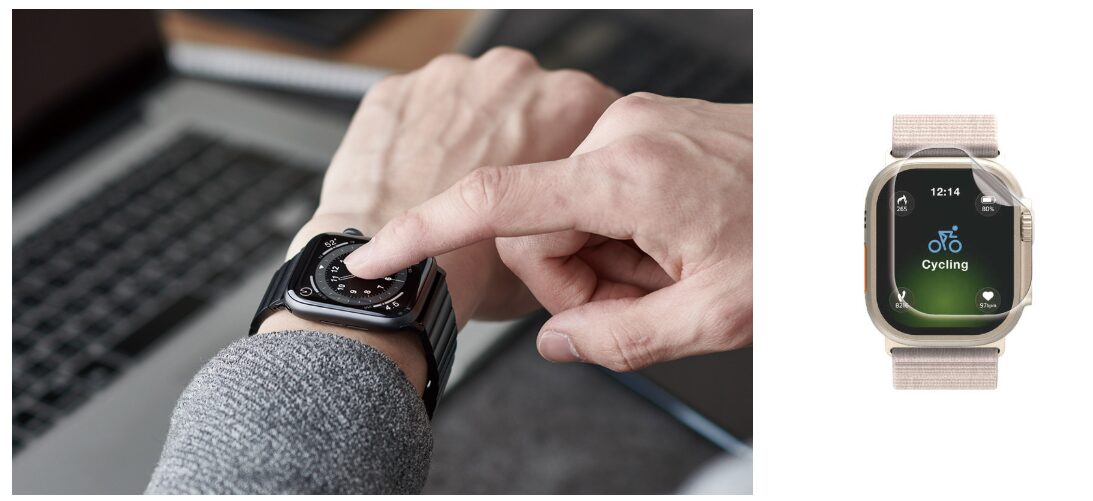 Apple Watchを着けた手首の写真と、保護フィルムを貼ったApple Watch Ultraを並べたエレコムのアクセサリのイメージ