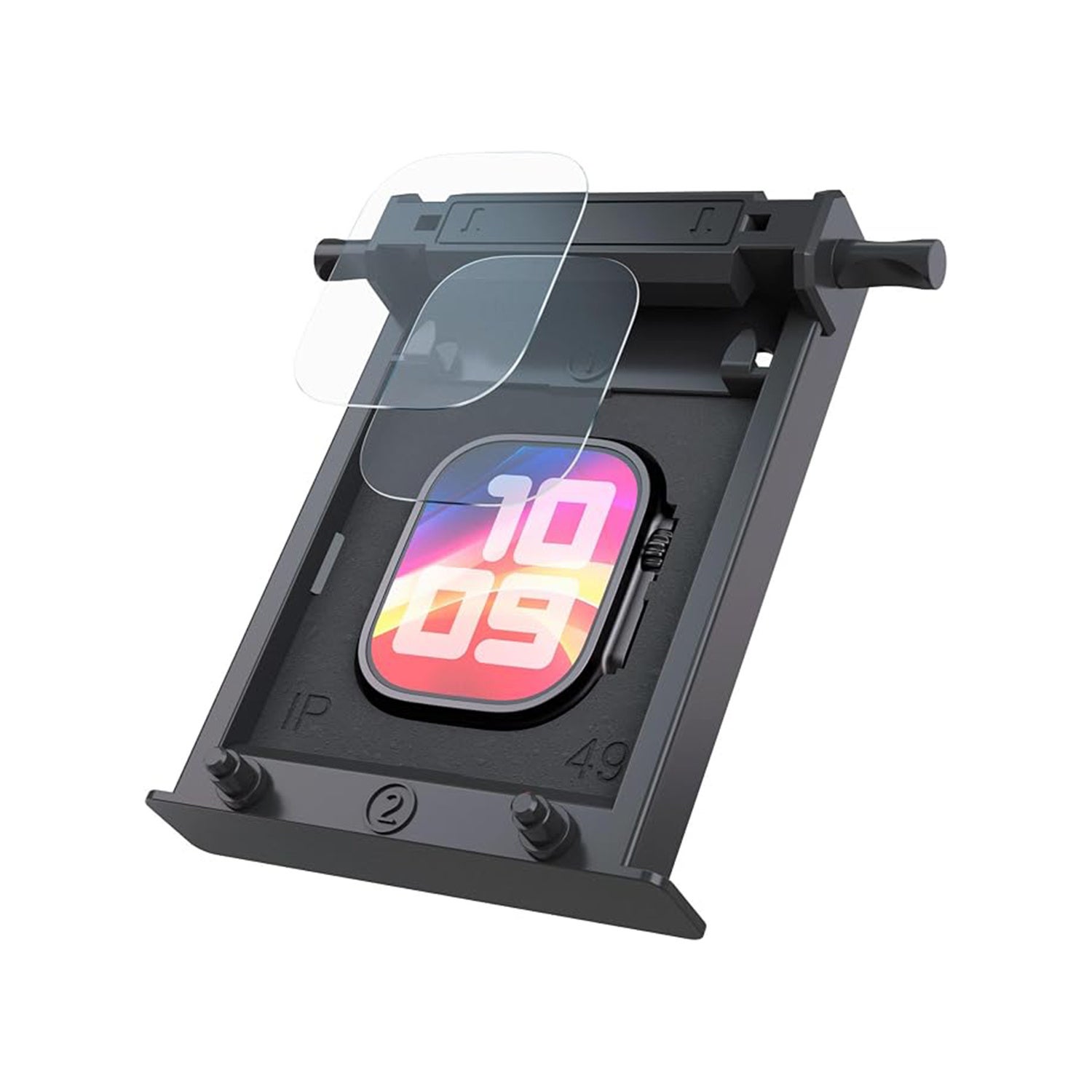 エレコムのApple Watch Ultra 4対応フルカバーガラスフィルム(49mm)に付属する貼り付けツールで画面にガラスフィルムを合わせる様子