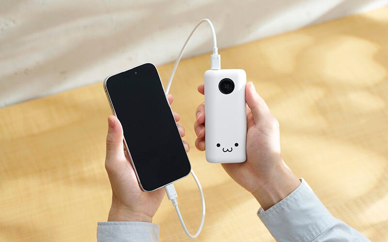 しろちゃんの顔がプリントされた白い6,000mAhモデル DE-C96L-6000WFを手に持ち、スマートフォンを充電しているところ