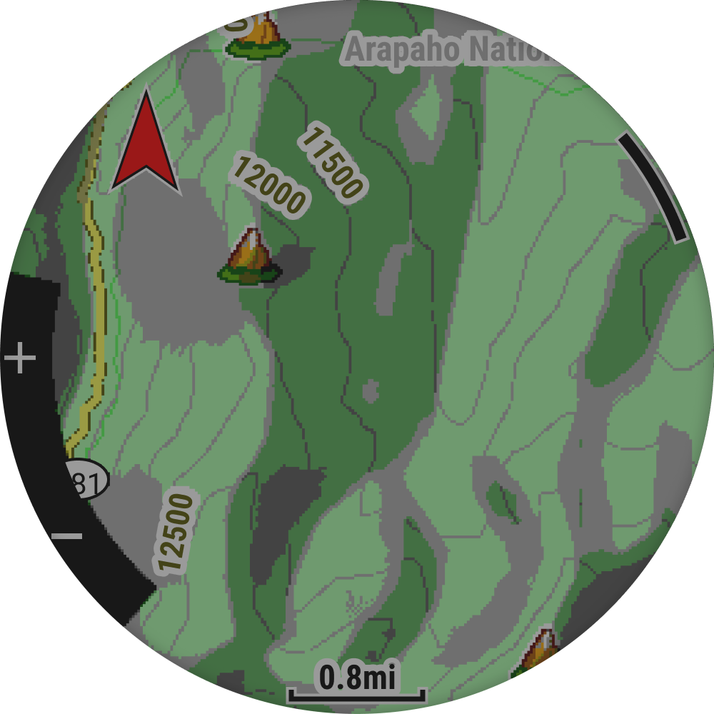 Garmin Enduro 4のフルカラーマップ画面。等高線と標高が表示されている