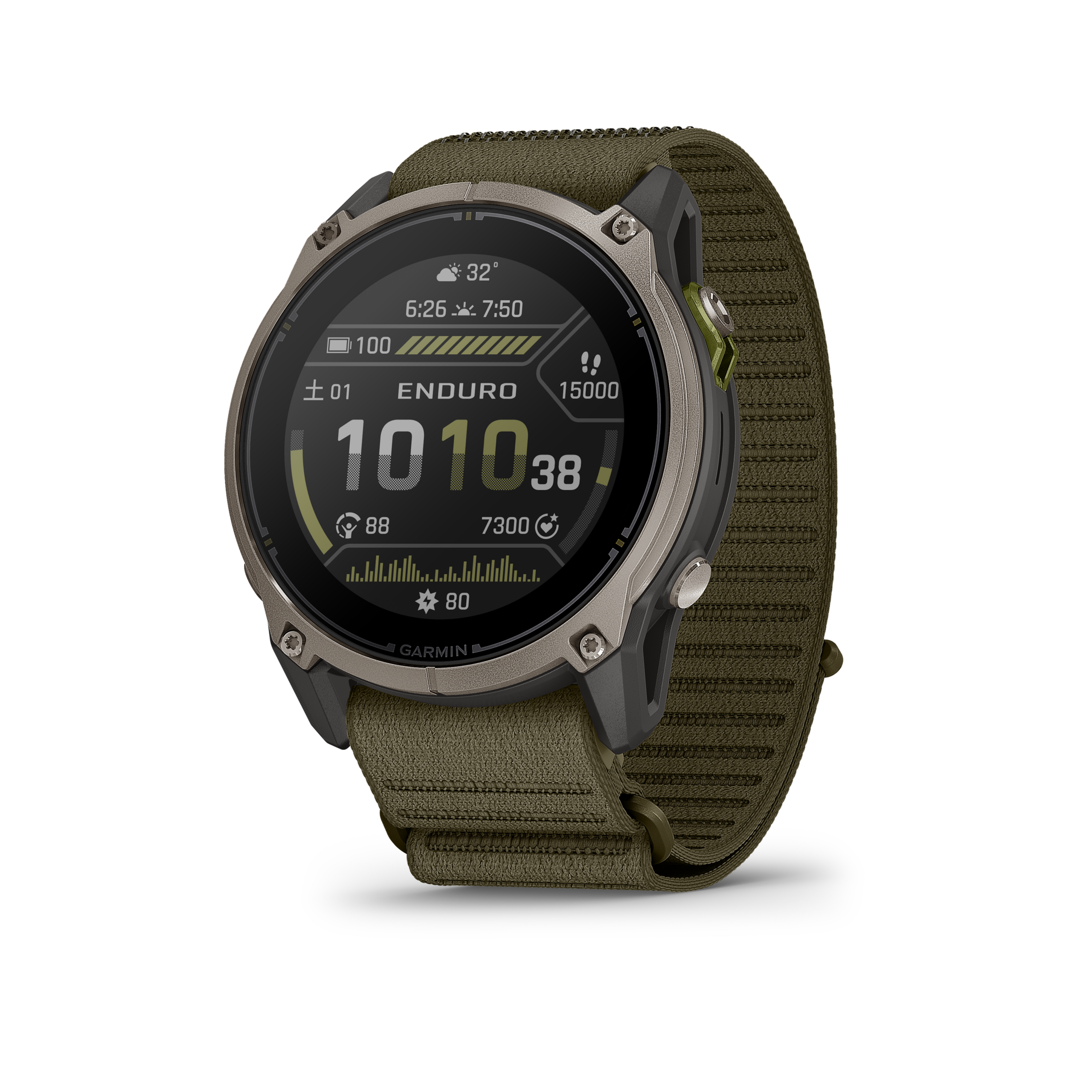 Garmin Enduro 4の正面。チタンベゼルにオリーブ色のComfortFit ファブリックバンド