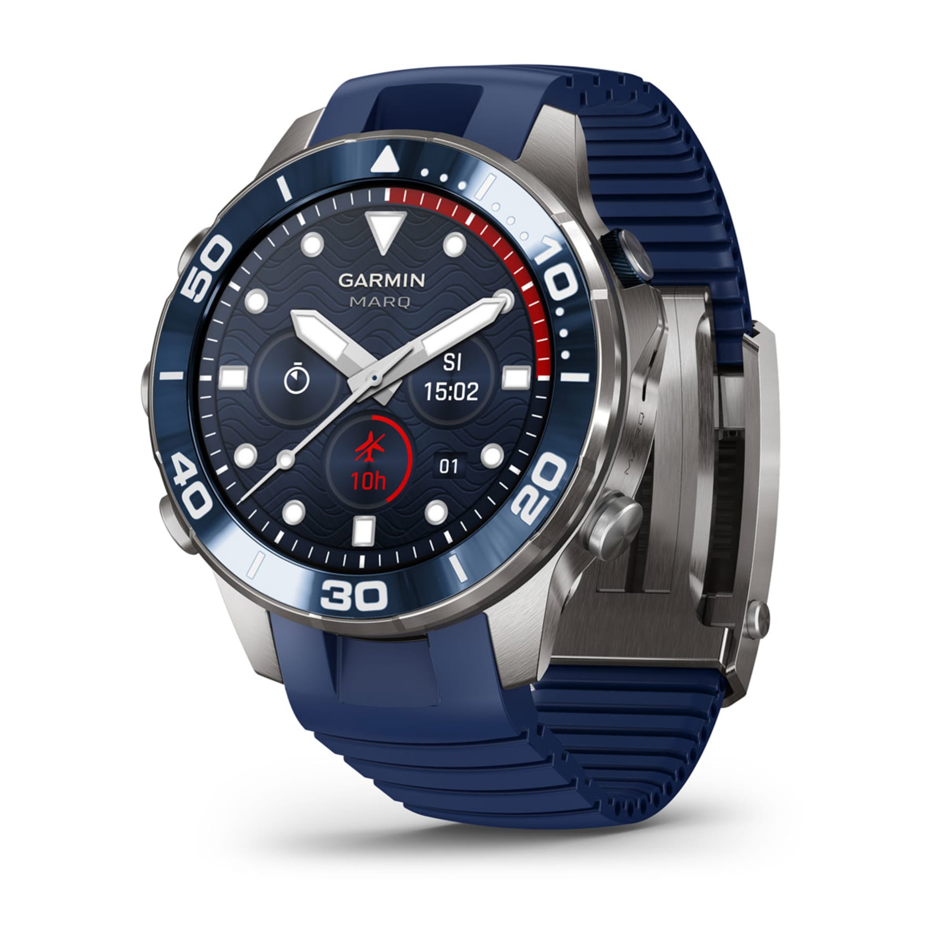 ガーミン MARQ Diver(第3世代)。青いラバーストラップと、青いセラミックベゼルのダイバーズモデル