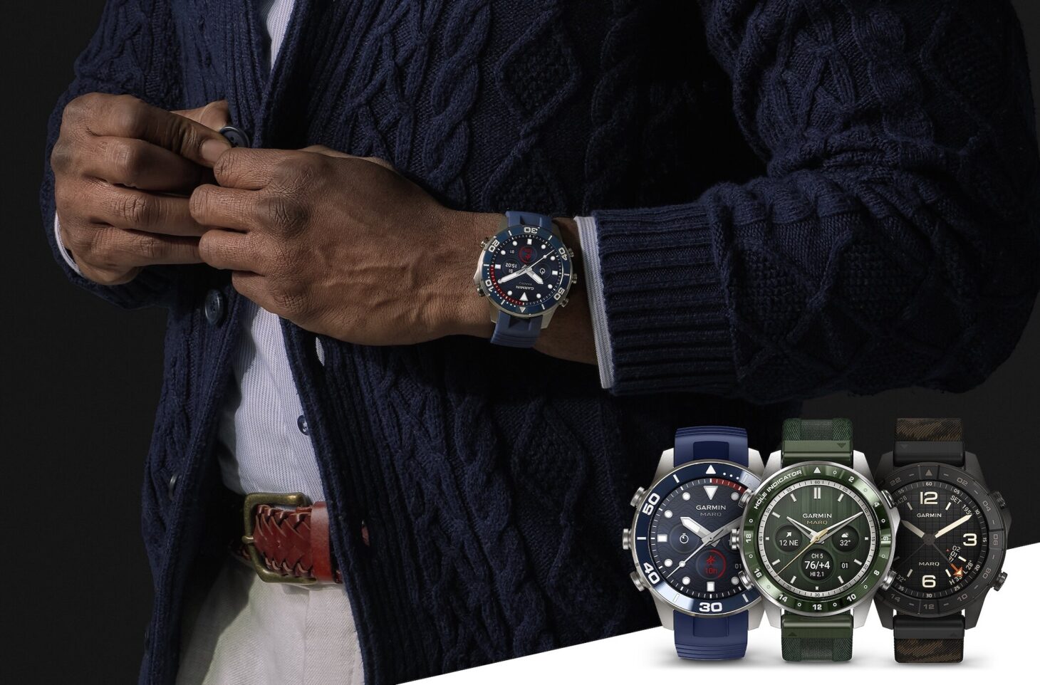 ガーミン MARQ 第3世代のMARQ Diverを着けた手元と、MARQ Diver・MARQ Golfer・MARQ Commanderの3本を並べた画像