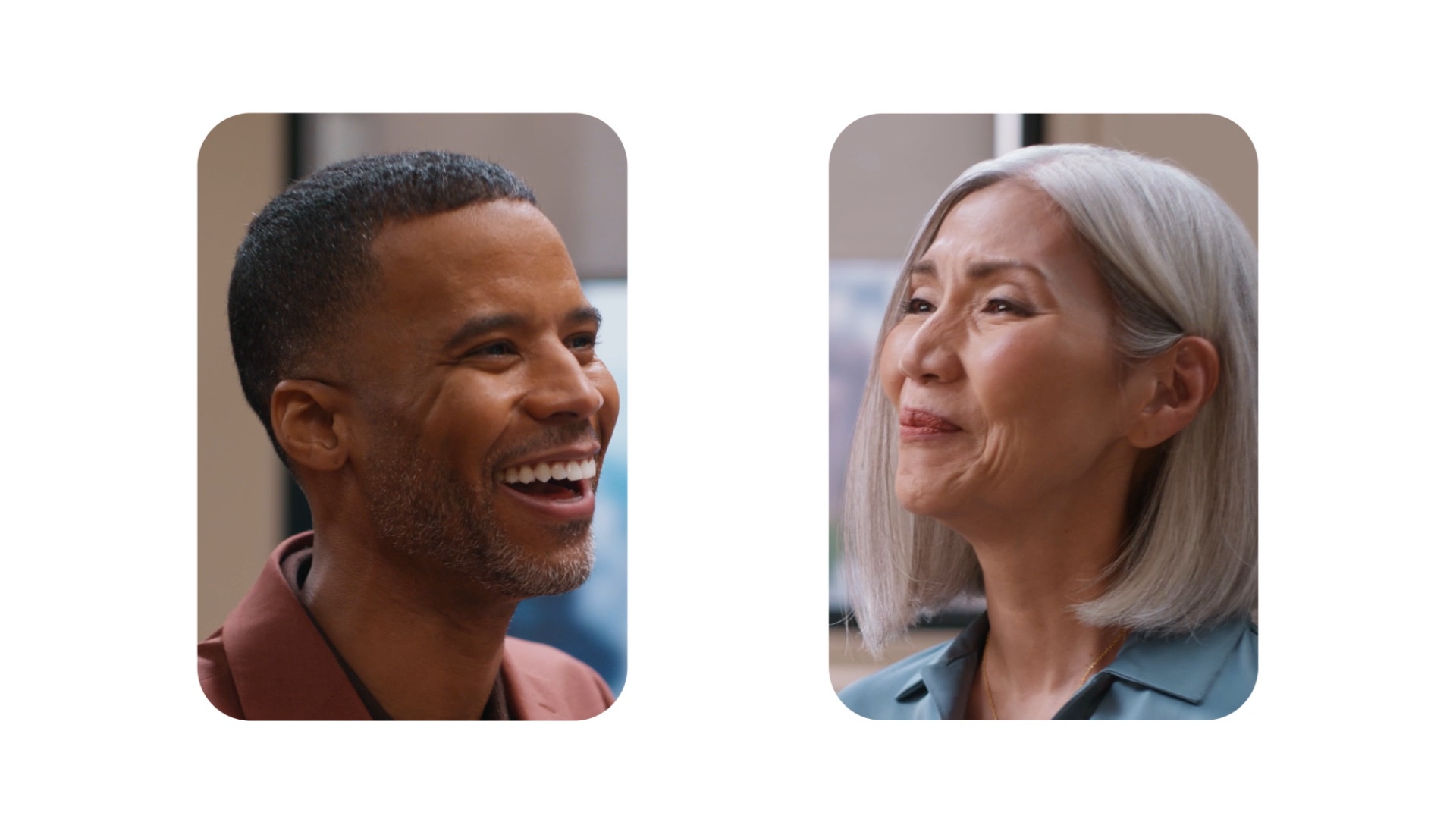 Google Beamで会話する2人。それぞれ笑顔で相手の方を向いている