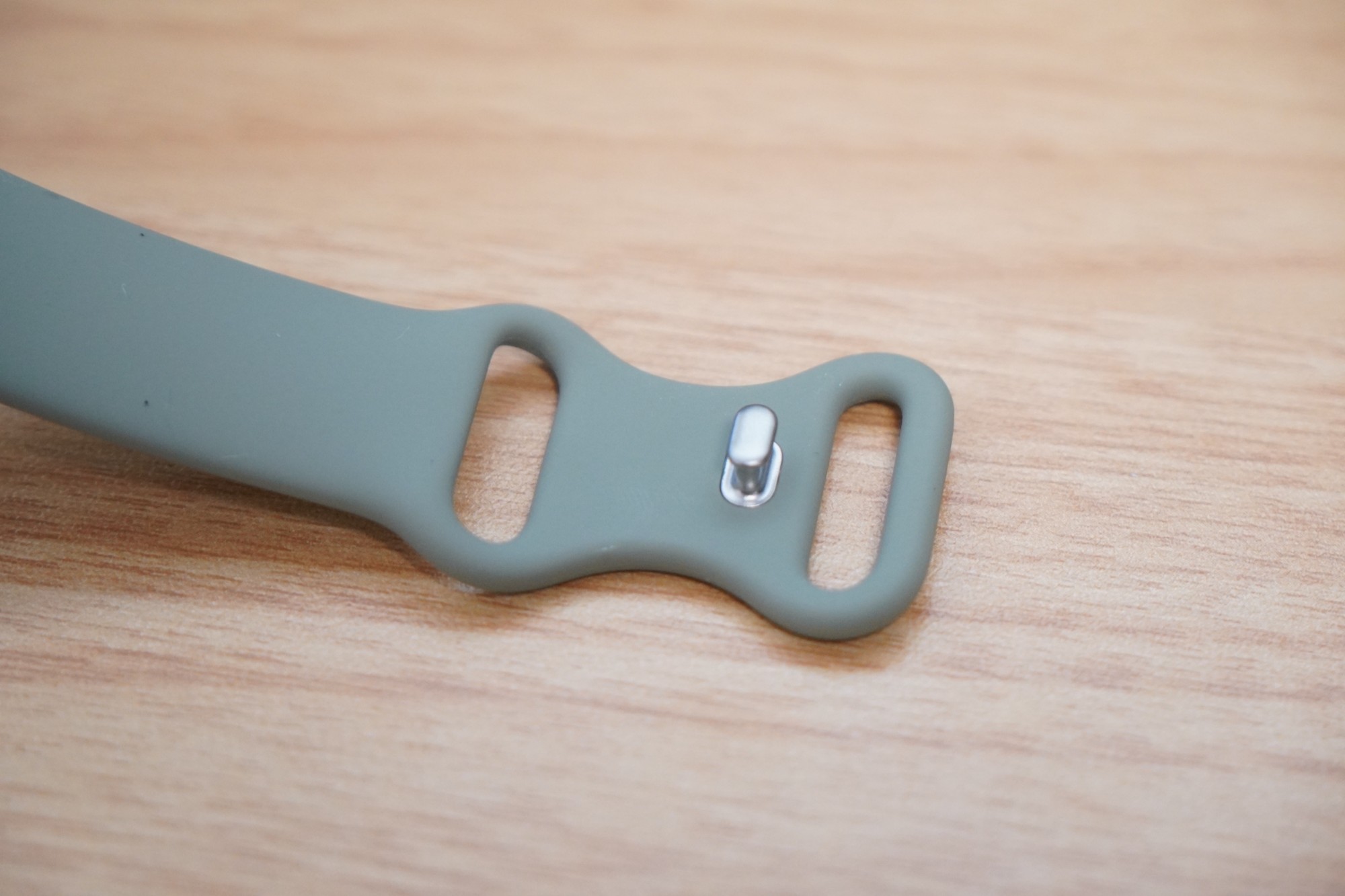 Google Fitbit Edgeのバンドの先端。金属のピンと、バンドの先を通す2つの穴がある