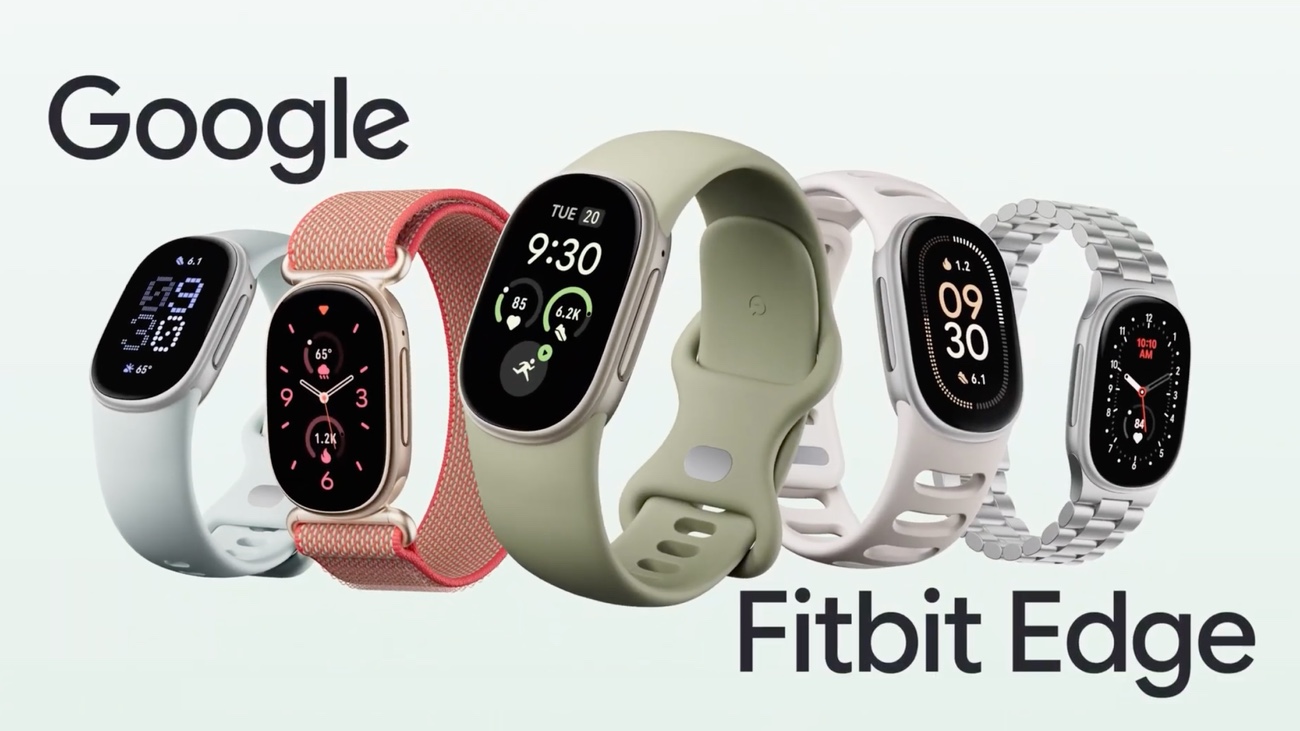 Google Fitbit Edgeを5台並べた画像。ベージュ、ゴールド、オリーブ、シルバーなどのケースに、シリコン・ナイロン・メタルのバンドを組み合わせ、画面に時刻と歩数を表示している