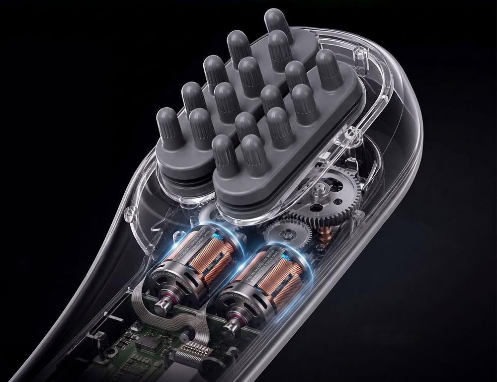 左右に1基ずつブラシレスモーターを載せ、約8mmのストロークでヘッドを横に動かすHAGOOGI BK-05の仕組みの画像