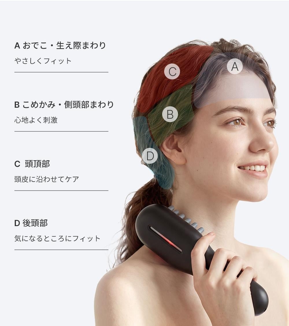 生え際・こめかみ・頭頂部・後頭部など、HAGOOGI BK-05を当てる頭の部位を示す画像