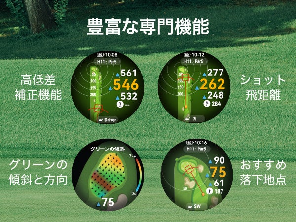 HONMA×HUAWEI WATCH GT 6 Pro NEWのゴルフ機能。高低差補正、ショット飛距離、グリーンの傾斜と方向、おすすめ落下地点の画面