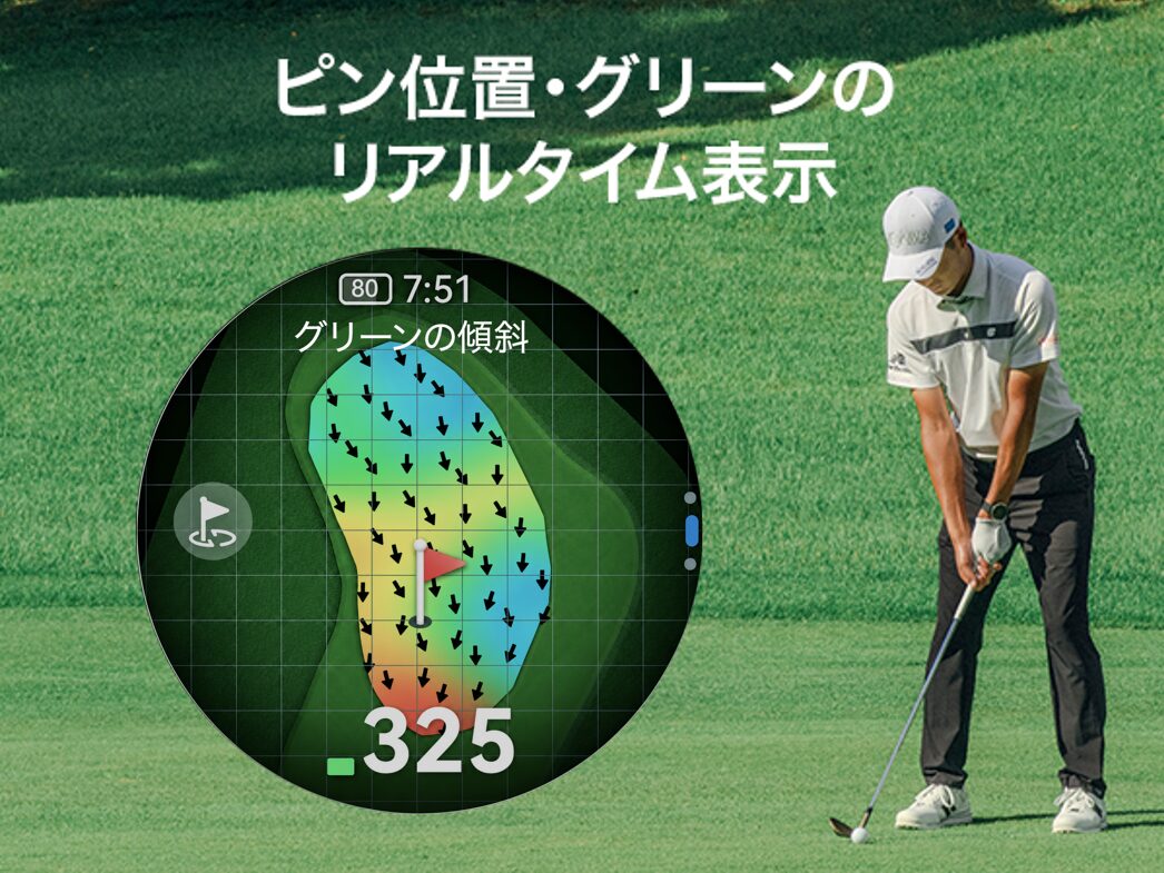 HONMA×HUAWEI WATCH GT 6 Pro NEWの画面に、グリーンの傾斜とその日のピン位置、ピンまで325ヤードの距離を表示したイメージ