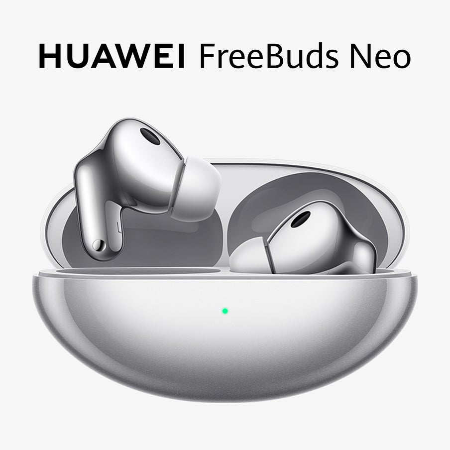 丸みのある充電ケースにシルバーのHUAWEI FreeBuds Neoのイヤホンが2つ収まっている様子