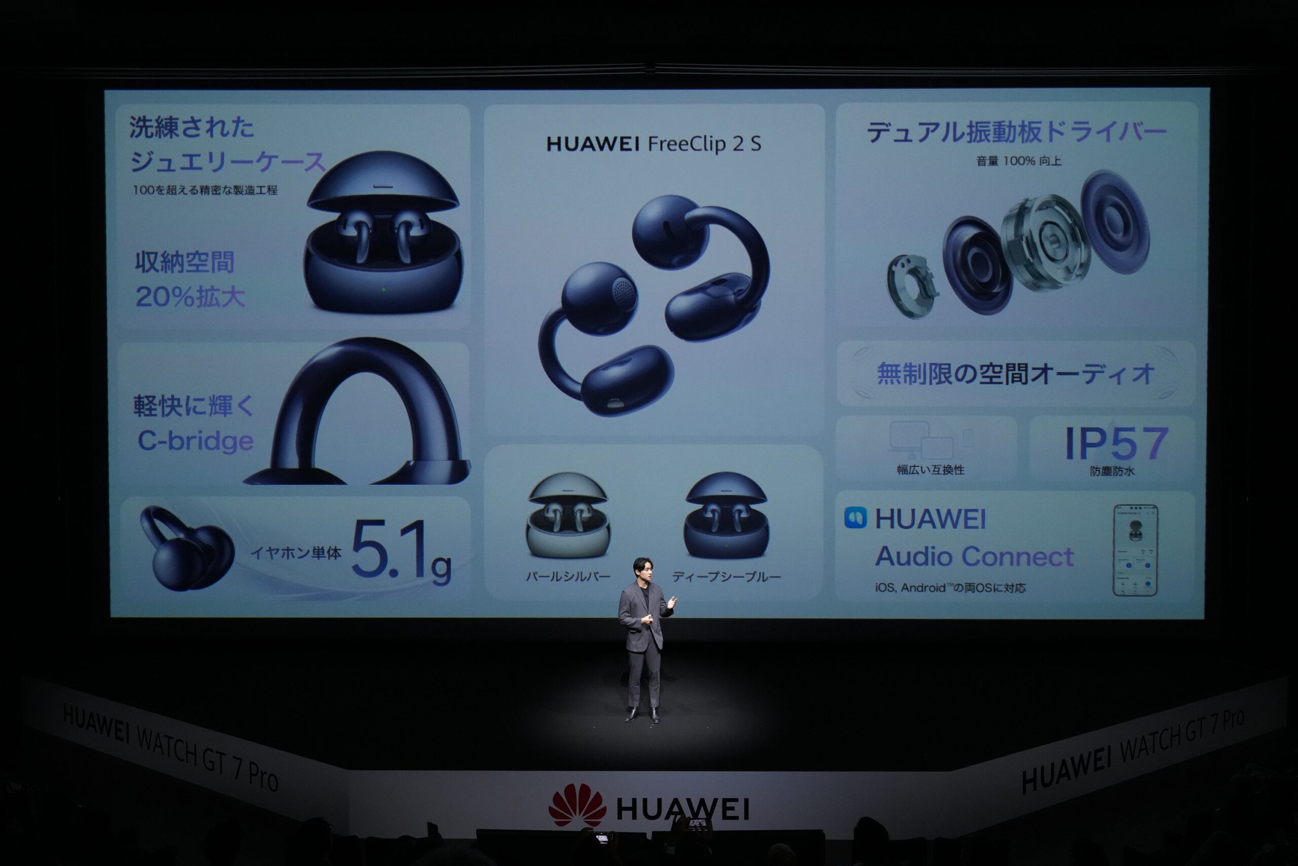 HUAWEI FreeClip 2 Sのジュエリーケース、C-bridge、片耳約5.1g、デュアル振動板ドライバー、IP57を示した発表会のスライド