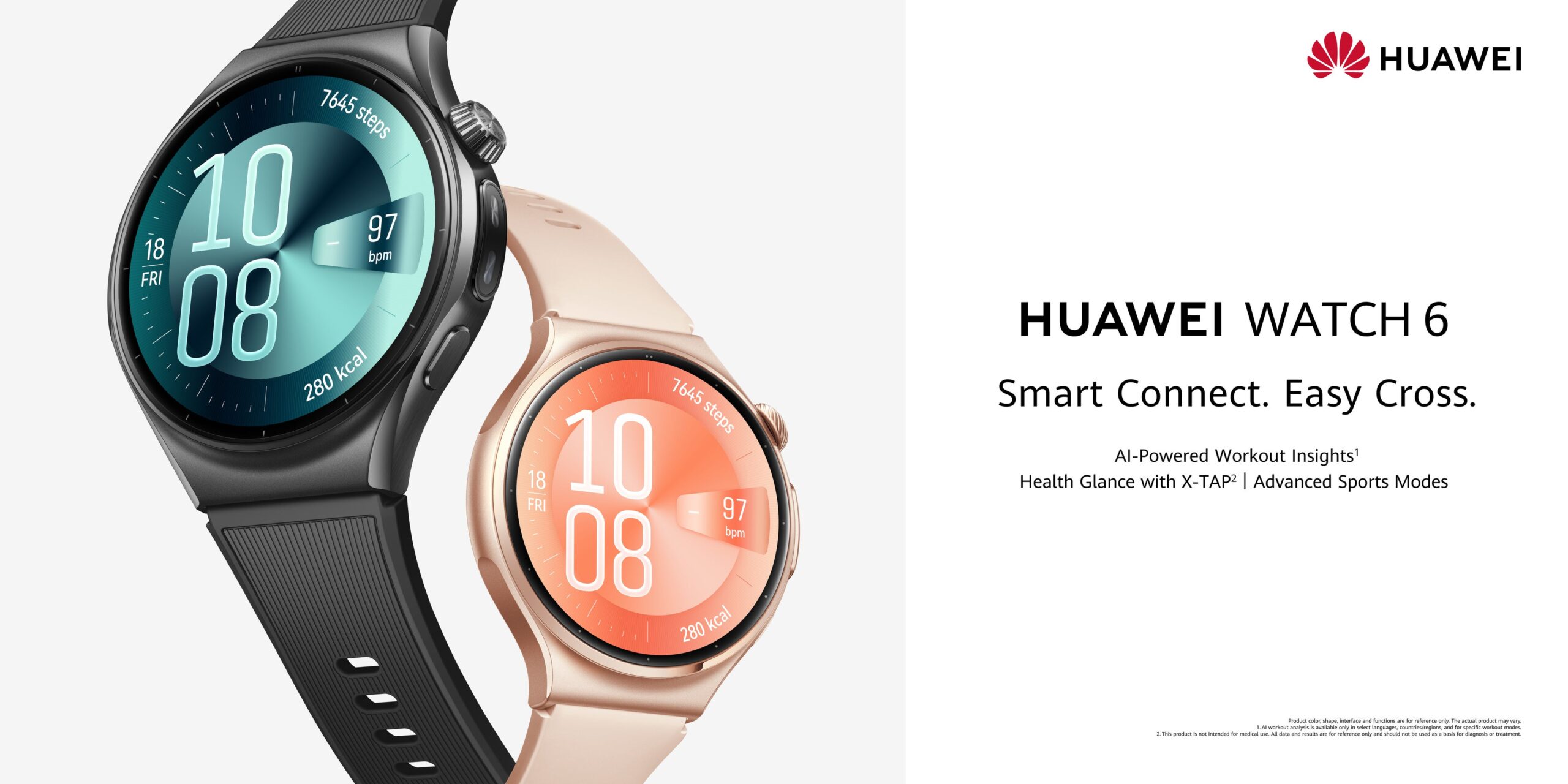 ブラックの46mmモデルとゴールドの42mmモデルを並べたHUAWEI WATCH 6のメインビジュアル