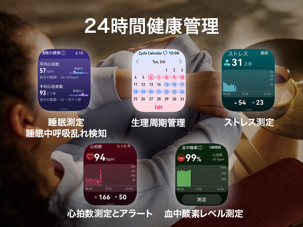 HUAWEI WATCH FIT 4の睡眠測定、生理周期管理、ストレス測定、心拍数、血中酸素の画面