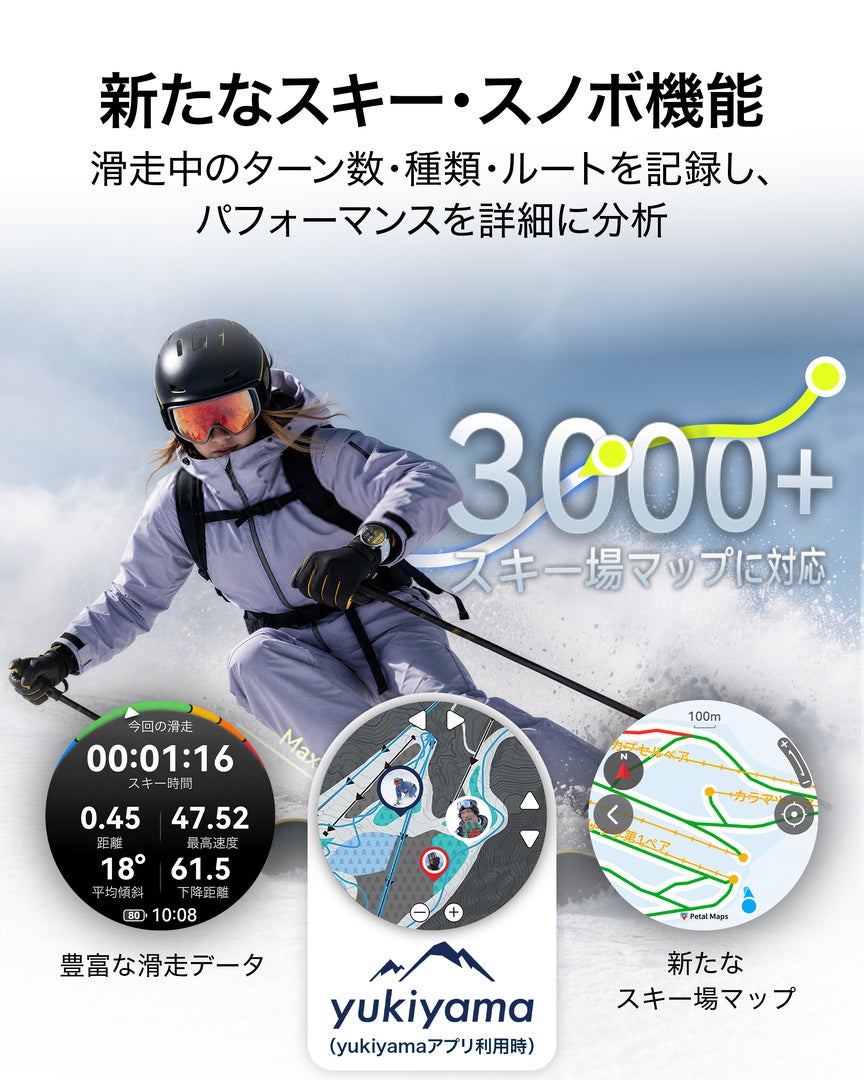 HUAWEI WATCH GT 7 Proのスキー・スノーボード機能。滑走データとスキー場マップ、yukiyama連携の画面