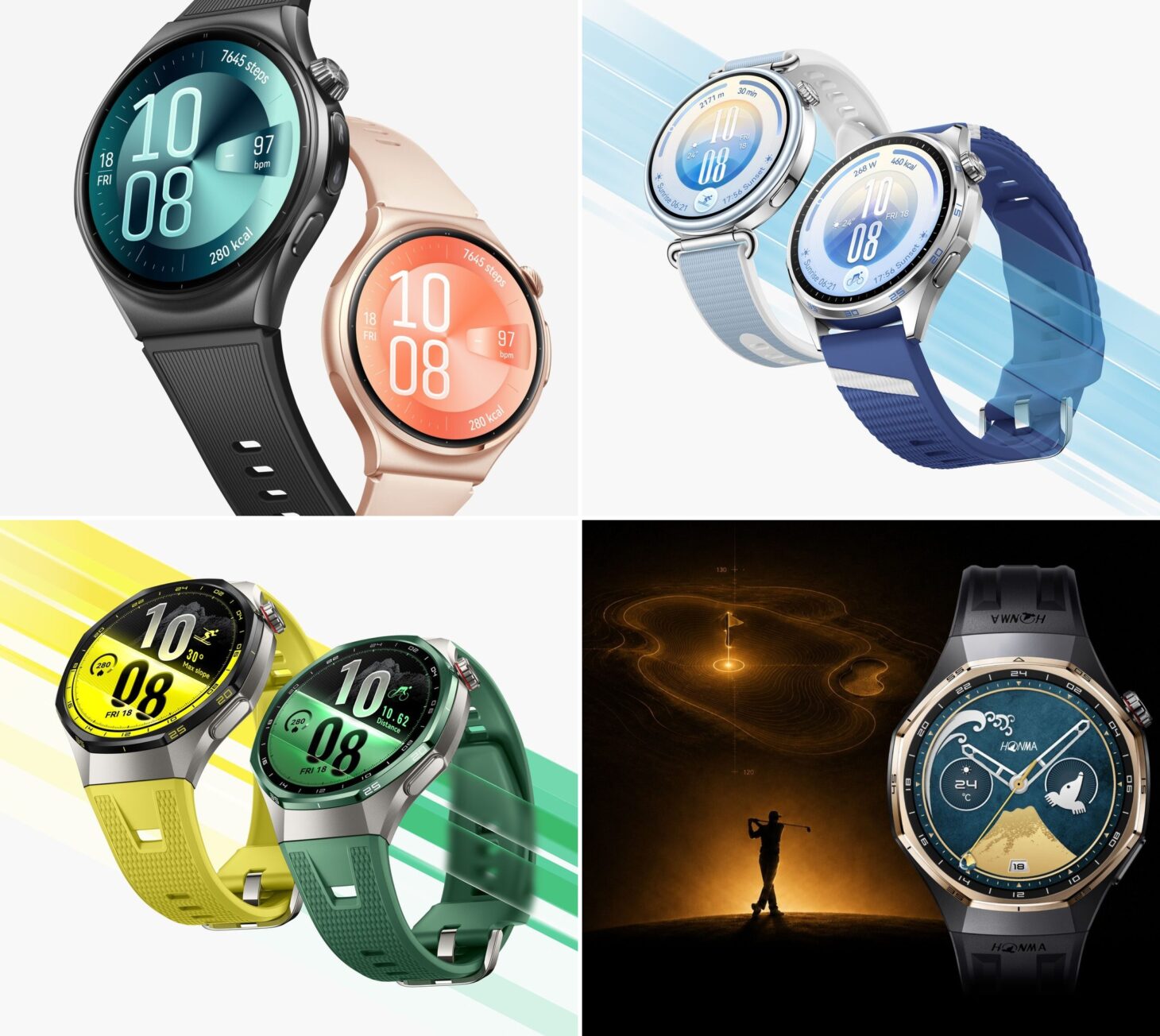 2026年10月21日に発表されたHUAWEI WATCH 6、HUAWEI WATCH GT 7、HUAWEI WATCH GT 7 Pro、HONMA×HUAWEI WATCH GT 6 Pro NEWの製品写真を4つ並べた画像