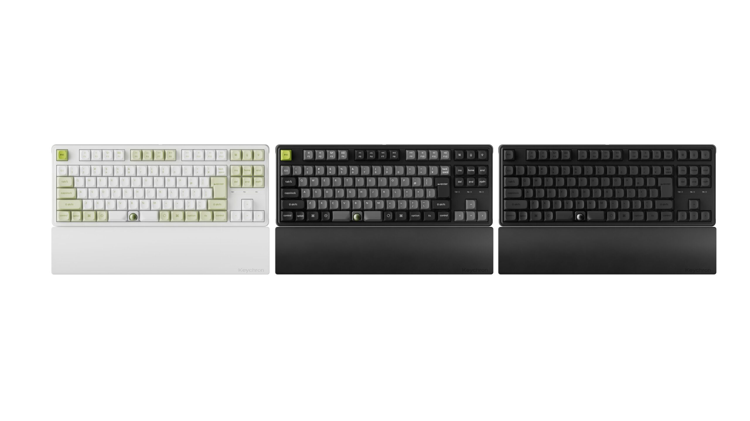 左からホワイトグリーン、ブラックグリーン、オールブラックのKeychron C3 Pro Trackball 8K