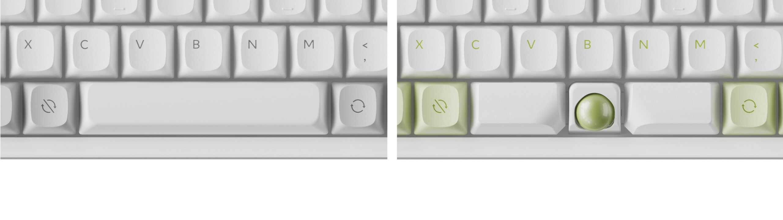 1本の長いスペースバー(左)と、3分割して中央にトラックボールを置いたKeychron C3 Pro Trackball 8Kのスペースバー(右)の比較