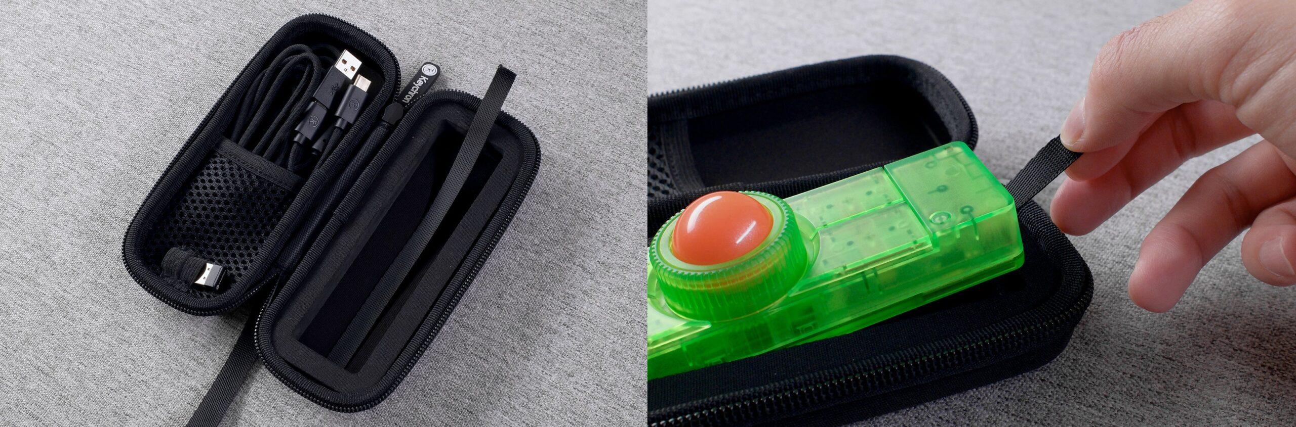 ケーブルを収納した専用キャリングポーチと、ポーチに入れたバイオグリーンのKeychron Nape Pro SE