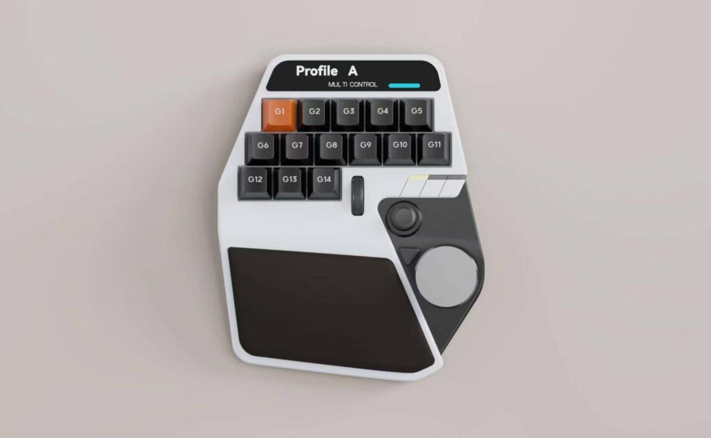 Keychronとイラストレーターlackが共同開発中の左手デバイス。G1〜G14の14個のキー、ホイール、スティック、手のひらを置くパッドが並ぶ白い本体