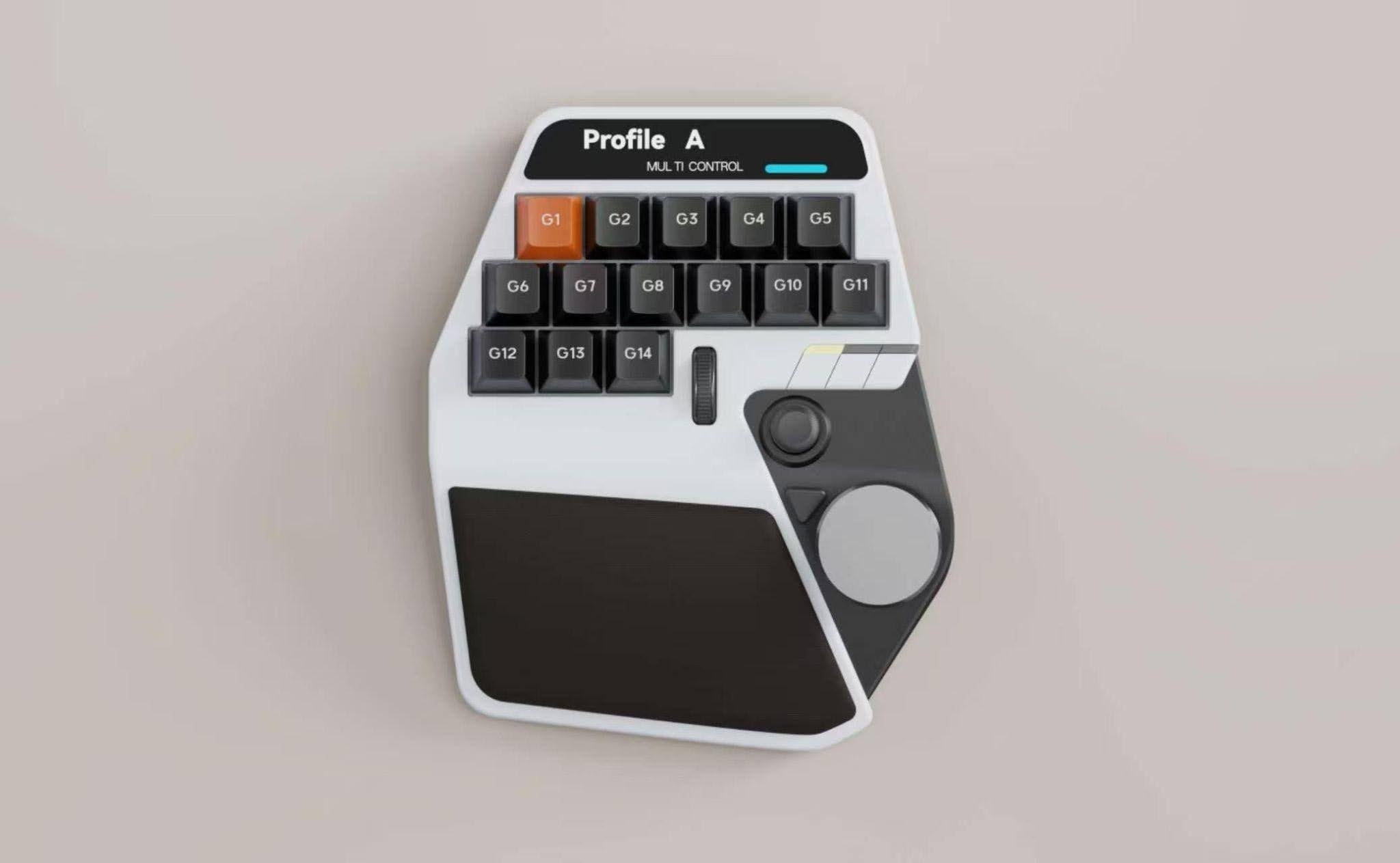 Keychronとイラストレーターlackが共同開発中の左手デバイス。G1〜G14の14個のキー、ホイール、スティック、手のひらを置くパッドが並ぶ白い本体
