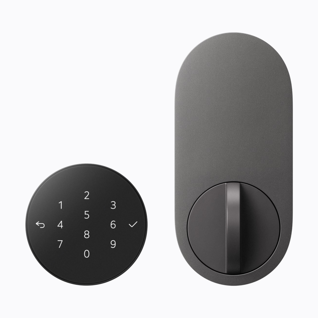 LGのSmart Deadbolt Lock(エッセンスグラファイト)。屋外側のキーパッドと屋内側のロック部