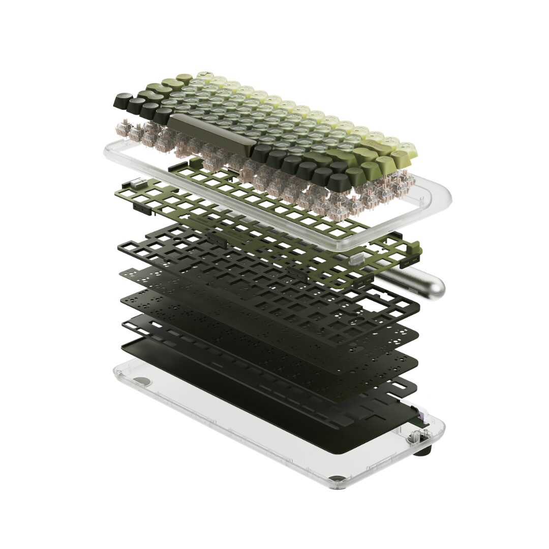 Lofree 432Hz Polar Moss ワイヤレスメカニカルキーボードの分解図。キーキャップ、スイッチ、プレート、緩衝材、ケースが層になったガスケットマウント構造