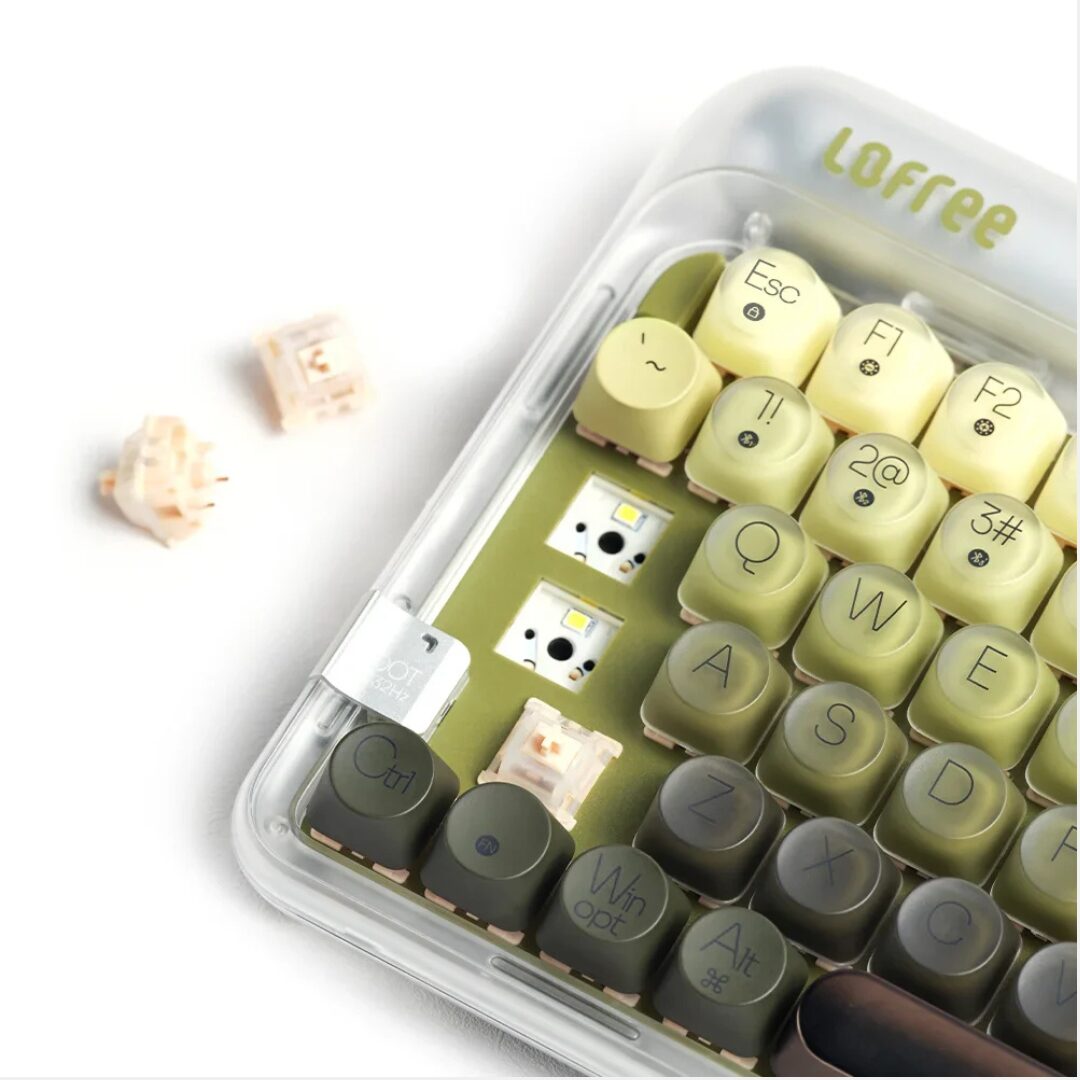 Lofree 432Hz Polar Moss ワイヤレスメカニカルキーボードからキースイッチを抜いた様子。ホットスワップ対応でスイッチを差し替えられる