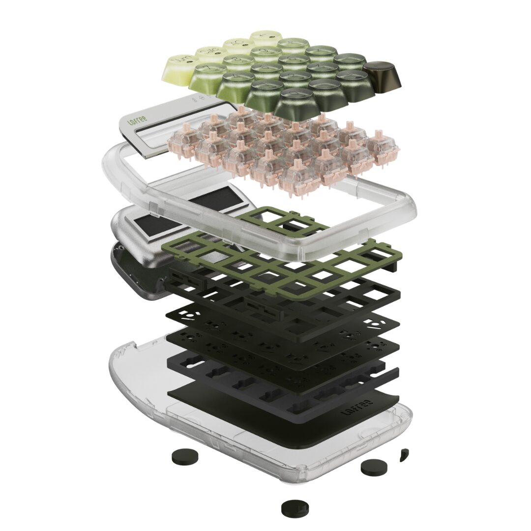 Lofree 432Hz Polar Moss 3-Mode ワイヤレス テンキーパッドの分解図。キーキャップ、スイッチ、プレート、緩衝材が重なるガスケットマウント構造