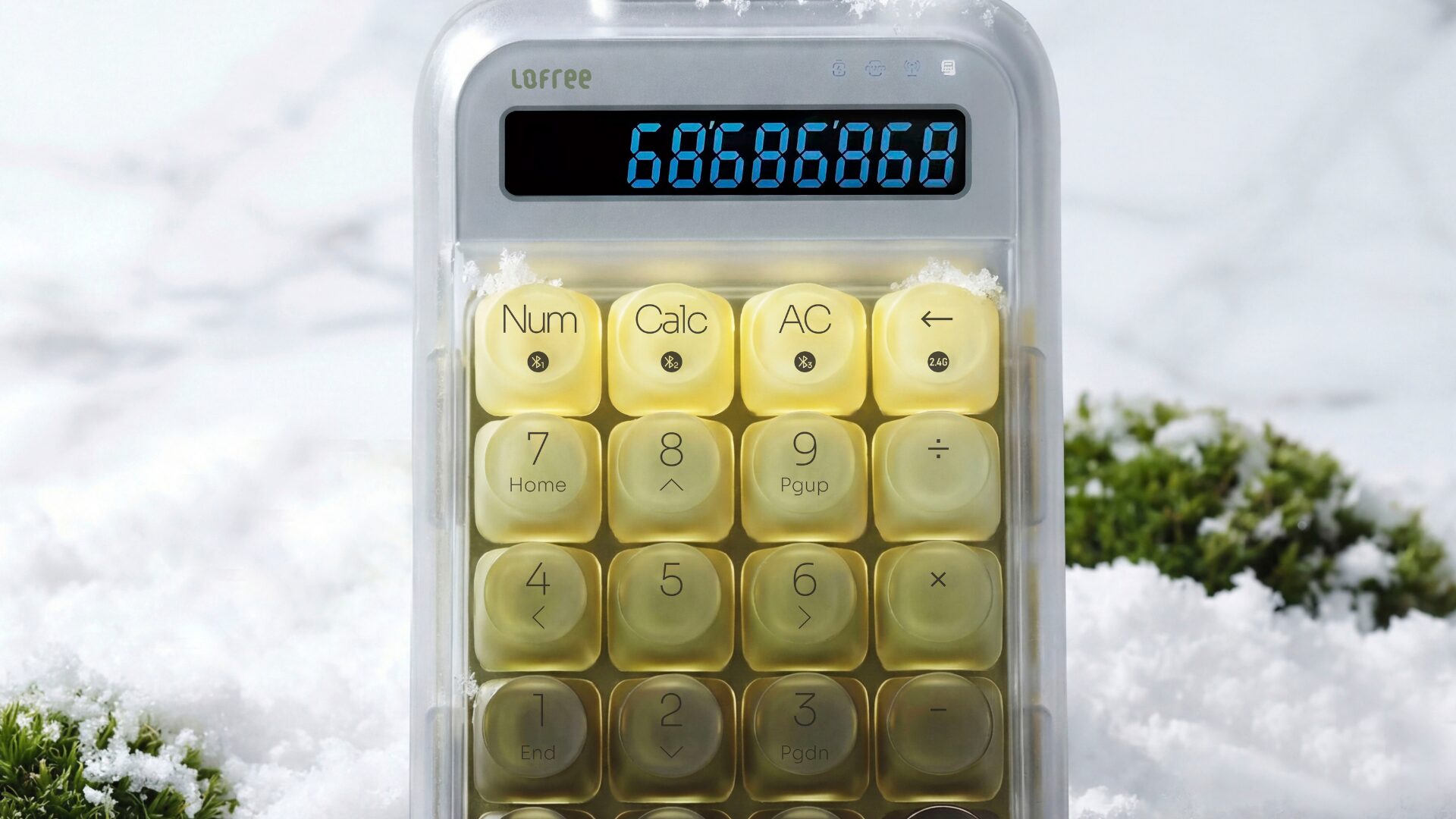 Lofree 432Hz Polar Moss 3-Mode ワイヤレス テンキーパッド。上部の表示部に数字が出て、NumキーとCalcキーでテンキーと電卓を切り替える