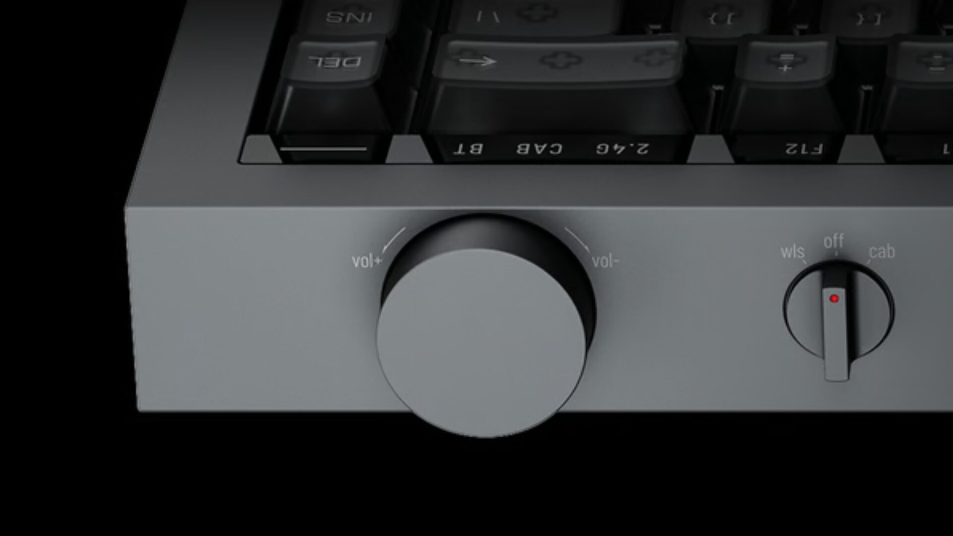 Lofree Hyzenの音量調整ダイヤルと接続モード切り替えスイッチ