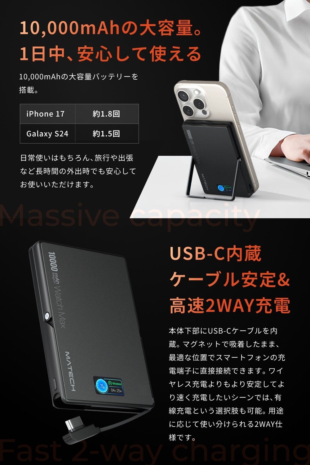 MagOn Watch Max 10000 半固体電池モデルの10,000mAh容量（iPhone 17で約1.8回）と、本体下部に内蔵されたUSB-Cケーブルの説明画像