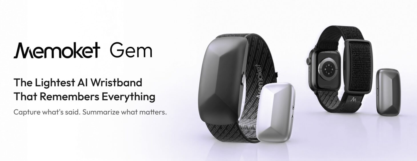 リストバンドに付けたMemoket Gem、Apple Watchと並べて着けたMemoket Gem、単体のMemoket Gemを並べたメインビジュアル