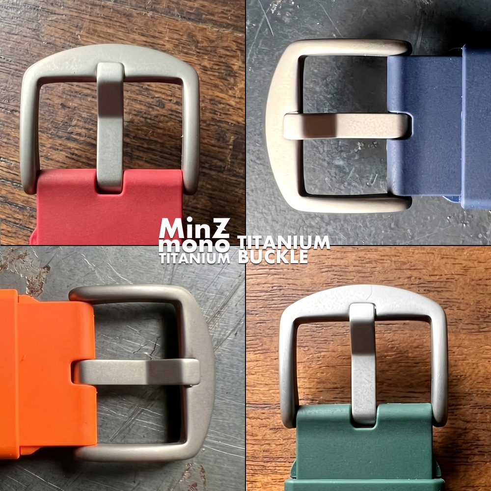 MinZ FKM mono TITANIUMのナチュラルカラーのチタニウムバックルを新色4色のバンドと組み合わせたアップ