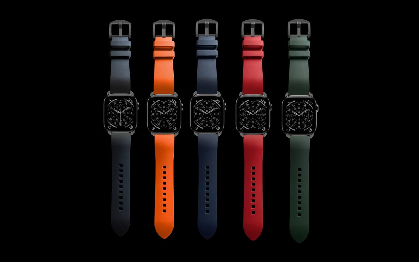 MinZ FKM mono TITANIUMの全5色。左からブラック、インターナショナルオレンジ、ネイビー、レッド、グリーンのバンドをApple Watchに付けて並べたカット