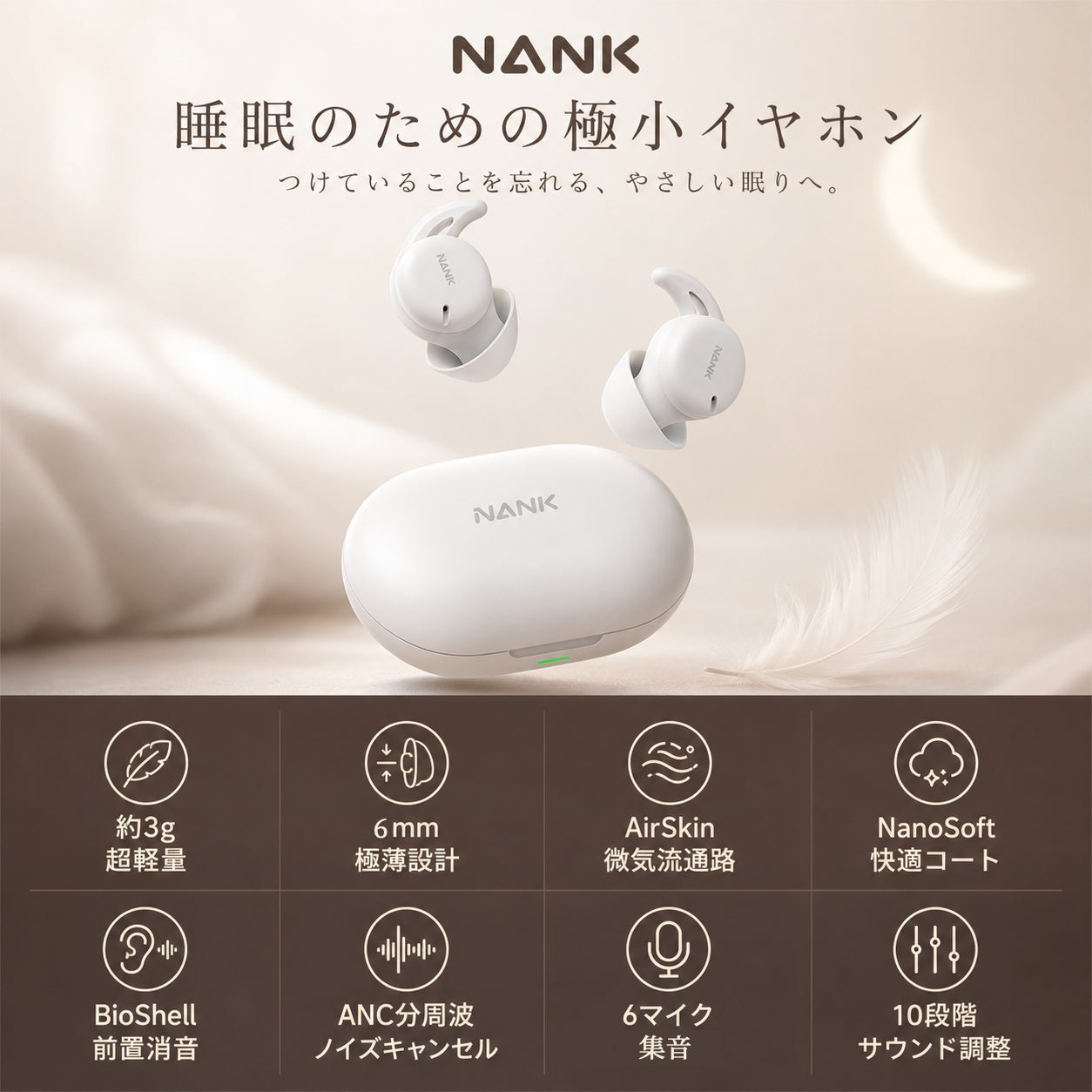 NoxTuneの特徴を並べた画像。約3g、6mm、AirSkin微気流通路、NanoSoft快適コート、BioShell、ANC分周波ノイズキャンセル、6マイク、10段階サウンド調整のアイコン