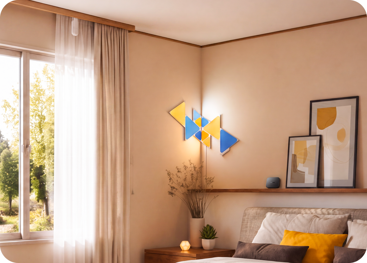 寝室の壁に三角形のNanoleaf Shapesを並べて光らせた様子