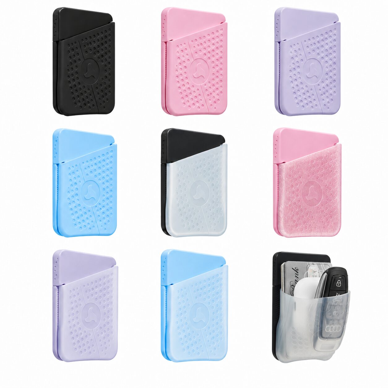 ブラック、ピンク、ラベンダー、ベビーブルーなどNinja Labs MagSafe Flex Pouchのカラーバリエーションを並べた画像
