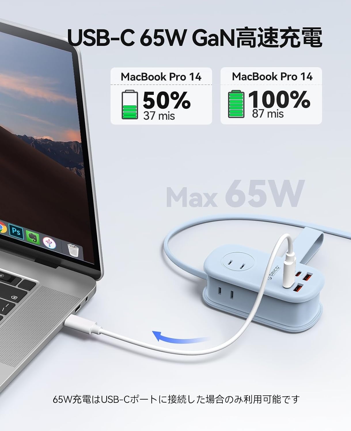ORICOのトラベル電源タップAP3からUSB-CでMacBook Pro 14を充電している様子。37分で50%、87分で100%の表示
