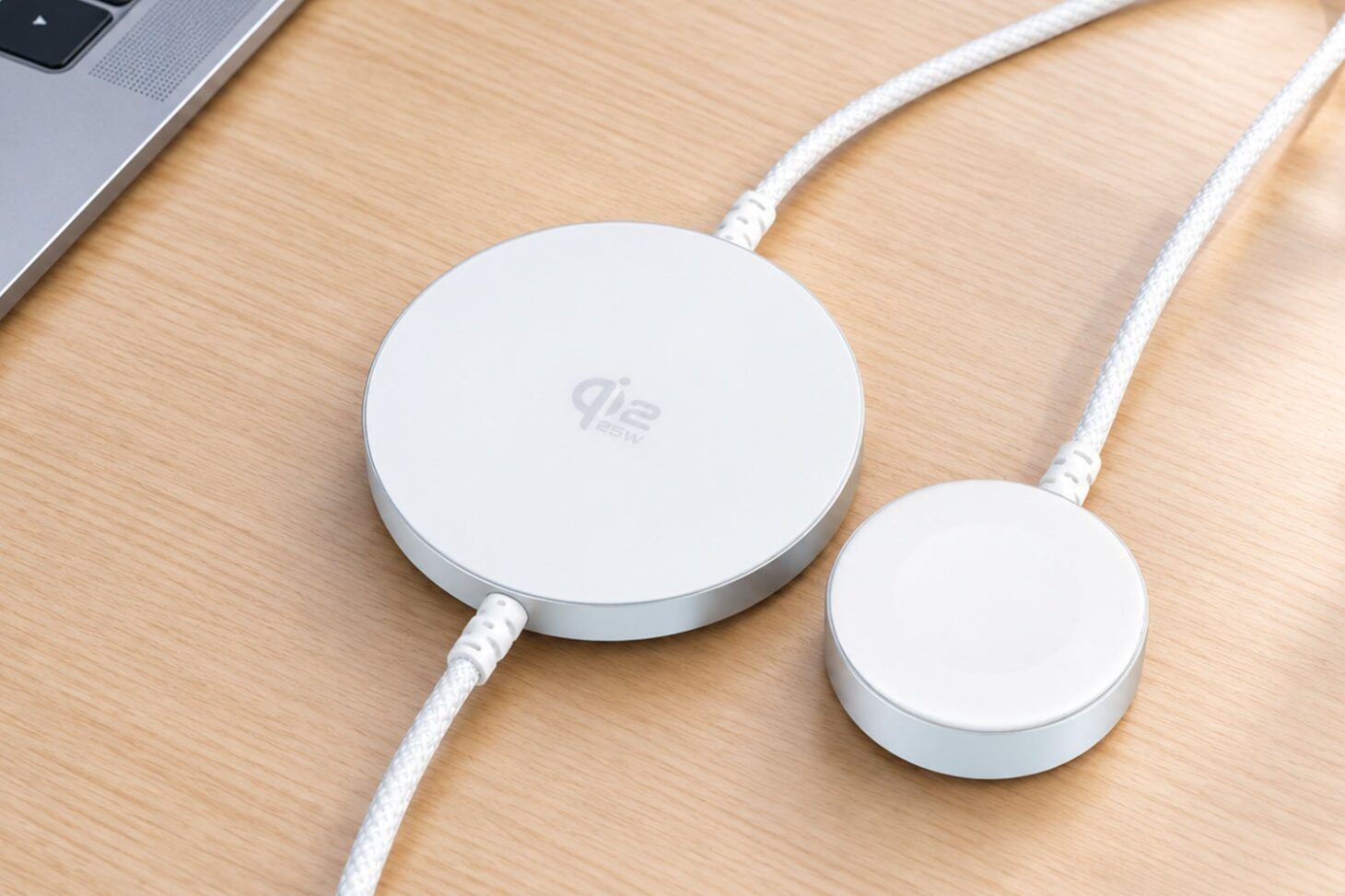 iPhoneとApple Watchを同時にワイヤレス充電しているオウルテックのケーブル一体型2in1充電器OWL-MW07