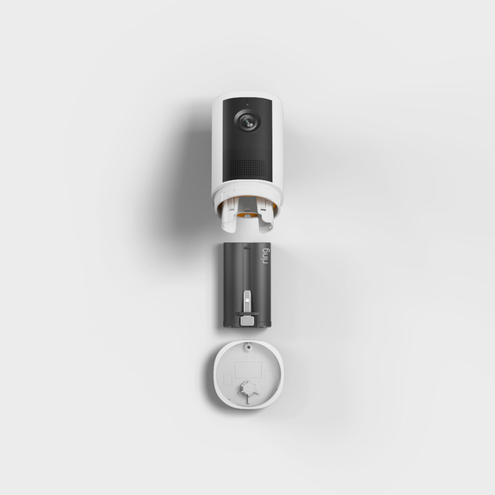 Ring Outdoor Cam 4K Plusの本体、取り外し式バッテリー、取り付け台を分解して並べた画像。