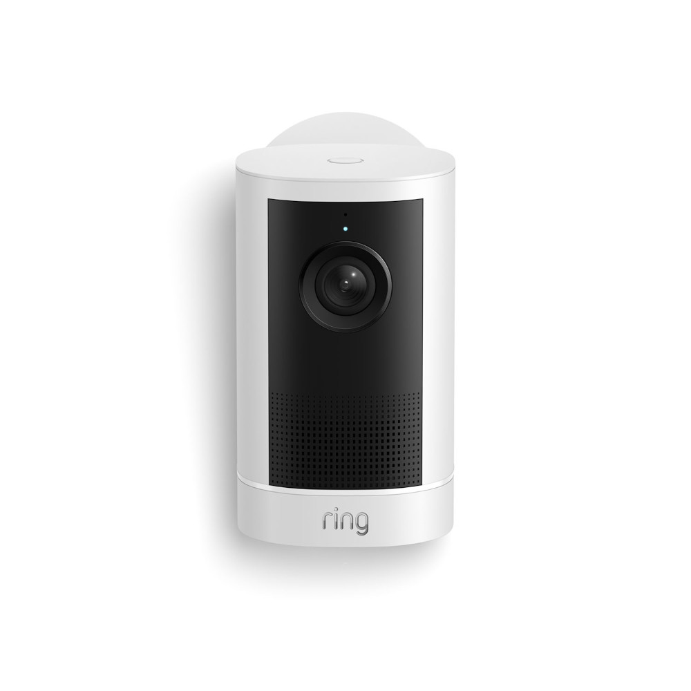 白いボディのRing Outdoor Cam 4K Plusを正面から写した製品画像。Ring初のバッテリー式4K屋外カメラ。