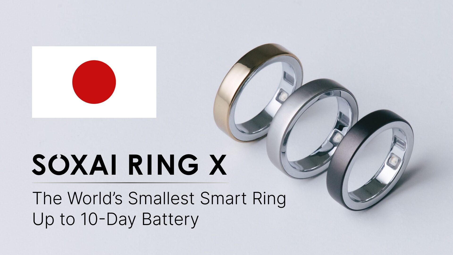 ゴールド、シルバー、ブラックの3つのSOXAI RING Xと「The World's Smallest Smart Ring Up to 10-Day Battery」の文字